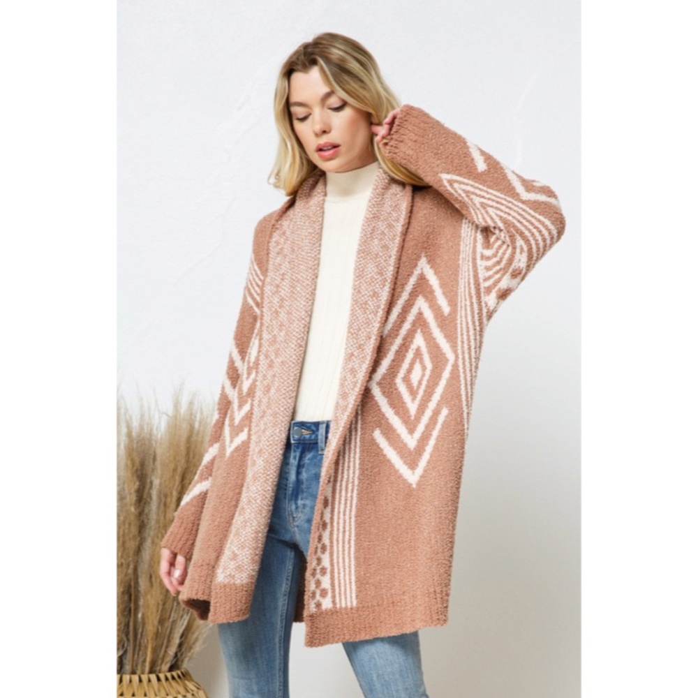 SOLD OUT Cozy Brown Soft Blanket Aztec Boho Tribal Knit Open Cardigan Sweater - Picture 4 of 8